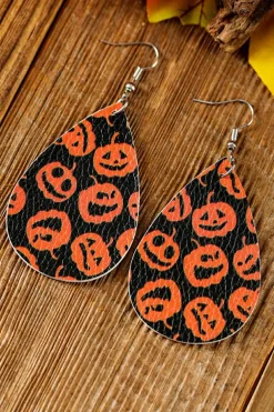 New Dear-Lover Halloween Pumpkin Face Printed Waterdrop Shape Hook Earrings Orange