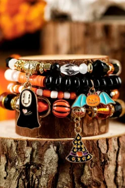 Clearance Dear-Lover Halloween Pumpkin Ghost Pendant Layered Beaded Bracelet Set Orange