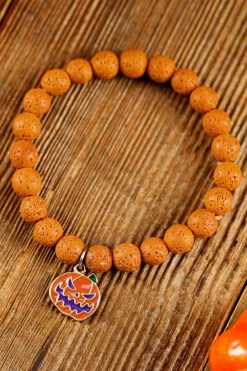 Online Dear-Lover Halloween Pumpkin Face Pendant Beaded Elastic Bracelet Orange