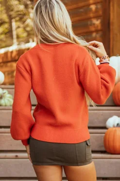 Fashion Dear-Lover Halloween Pumpkin Face Pattern Drop Shoulder Sweater Orange