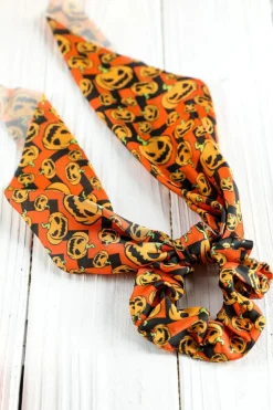 Clearance Dear-Lover Halloween Pumpkin Face Printed Satin Scrunch Hair Tie Orange