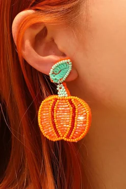 Clearance Dear-Lover Halloween Pumpkin Rice Beaded Drop Earrings Orange