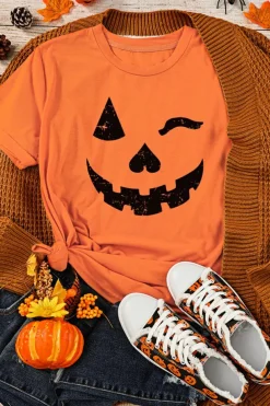 Clearance Dear-Lover Halloween Pumpkin Face Print Crew Neck T Shirt Orange