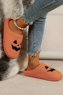 Outlet Dear-Lover Halloween Pumpkin Face Graphic Plush Slippers Orange