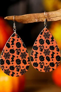 Hot Dear-Lover Halloween Pumpkin Spider Web Bat Print Drop Earring Orange