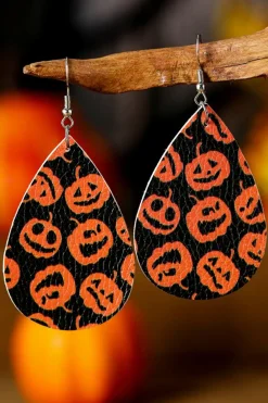 New Dear-Lover Halloween Pumpkin Face Printed Waterdrop Shape Hook Earrings Orange