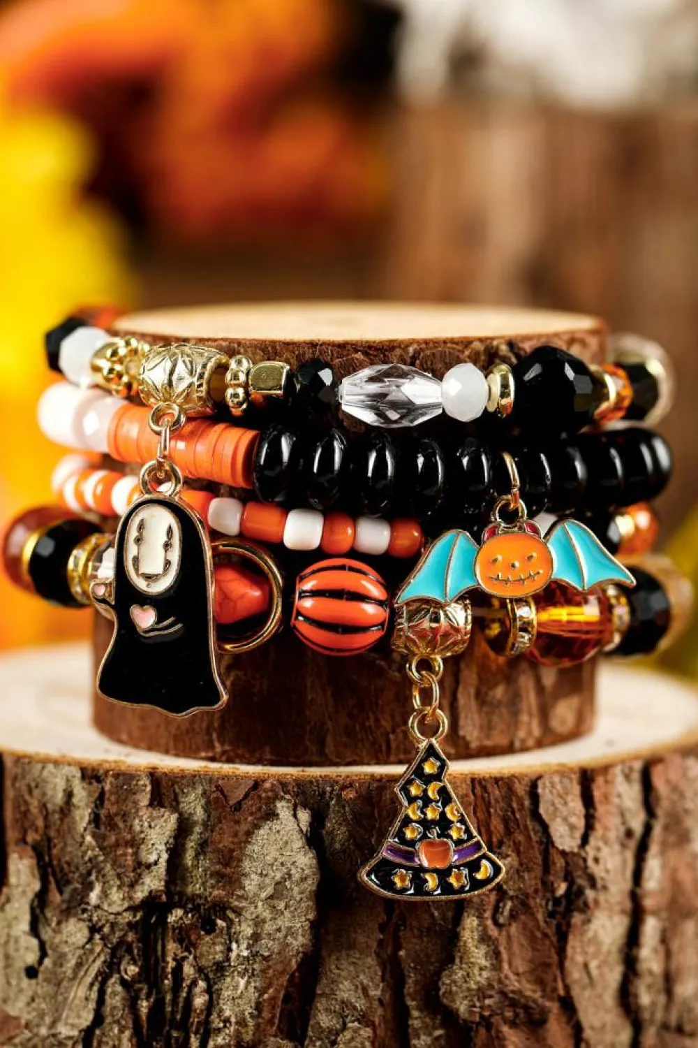 Clearance Dear-Lover Halloween Pumpkin Ghost Pendant Layered Beaded Bracelet Set Orange