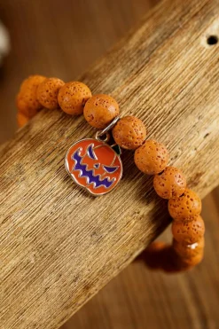 Online Dear-Lover Halloween Pumpkin Face Pendant Beaded Elastic Bracelet Orange