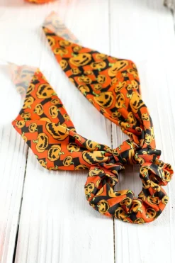 Clearance Dear-Lover Halloween Pumpkin Face Printed Satin Scrunch Hair Tie Orange