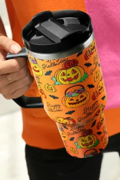 Best Dear-Lover Halloween Pumpkin Print Handle Large Tumbler 40oz Orange