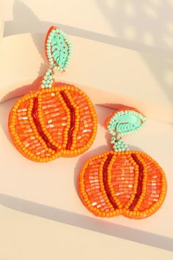 Clearance Dear-Lover Halloween Pumpkin Rice Beaded Drop Earrings Orange