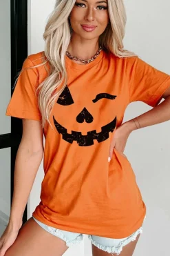 Clearance Dear-Lover Halloween Pumpkin Face Print Crew Neck T Shirt Orange