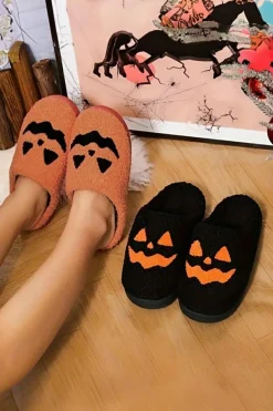 Outlet Dear-Lover Halloween Pumpkin Face Graphic Plush Slippers Orange