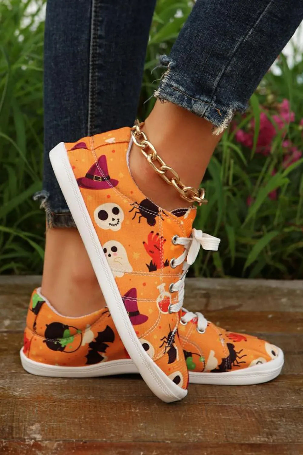 Clearance Dear-Lover Halloween Pumpkin Ghost Print Lace-up Flat Shoes Orange