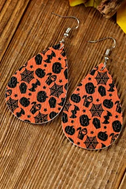 Hot Dear-Lover Halloween Pumpkin Spider Web Bat Print Drop Earring Orange
