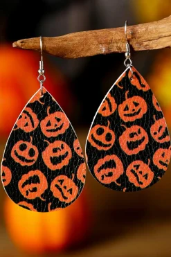 New Dear-Lover Halloween Pumpkin Face Printed Waterdrop Shape Hook Earrings Orange
