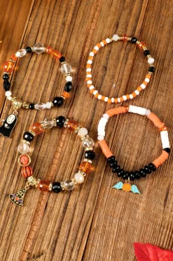 Clearance Dear-Lover Halloween Pumpkin Ghost Pendant Layered Beaded Bracelet Set Orange