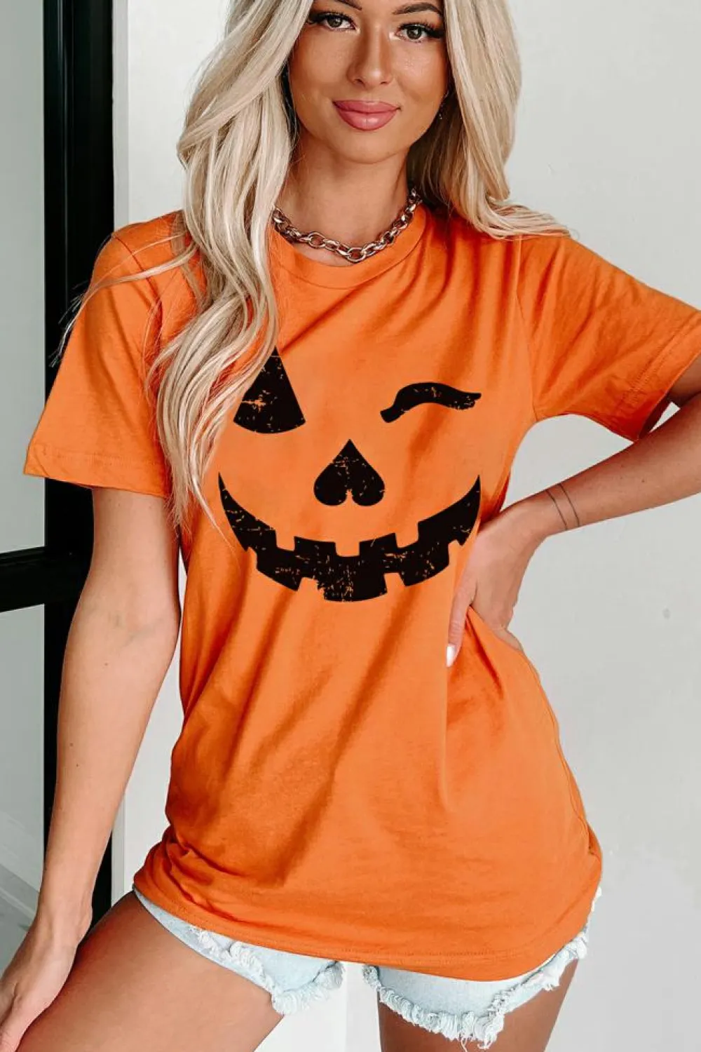 Clearance Dear-Lover Halloween Pumpkin Face Print Crew Neck T Shirt Orange