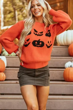 Fashion Dear-Lover Halloween Pumpkin Face Pattern Drop Shoulder Sweater Orange