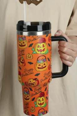 Best Dear-Lover Halloween Pumpkin Print Handle Large Tumbler 40oz Orange