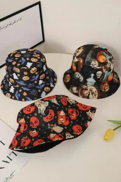 Hot Dear-Lover Halloween Pumpkin Ghost Print Bucket Hat Orange