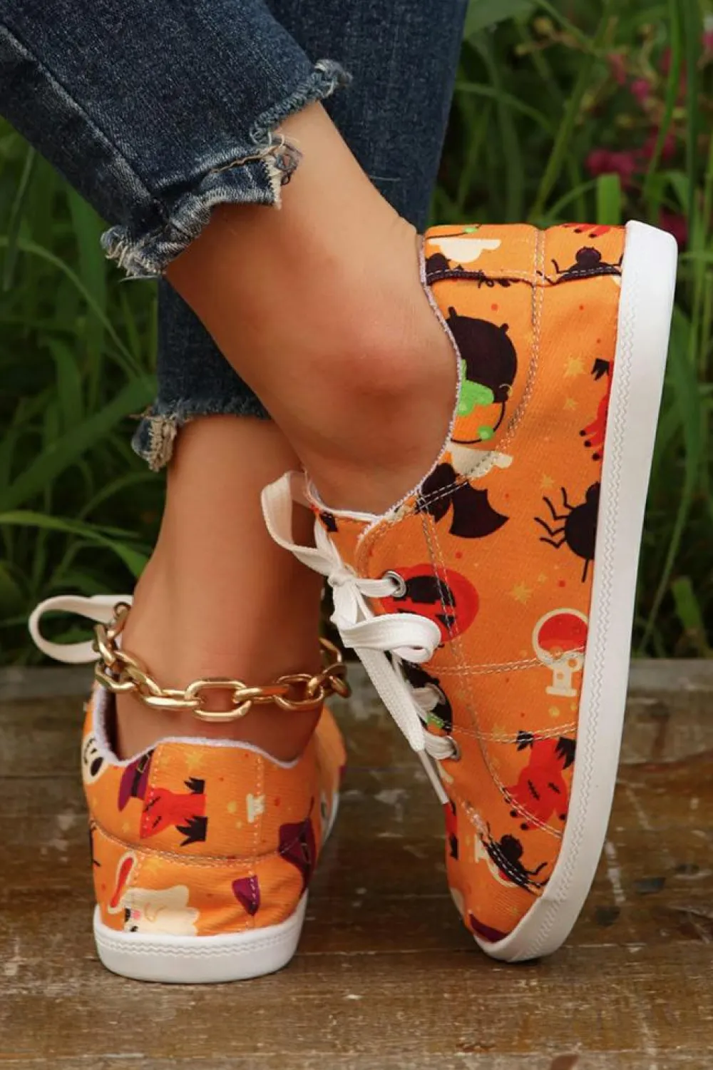 Clearance Dear-Lover Halloween Pumpkin Ghost Print Lace-up Flat Shoes Orange