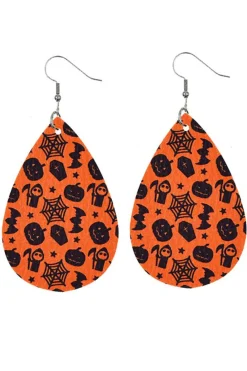 Hot Dear-Lover Halloween Pumpkin Spider Web Bat Print Drop Earring Orange
