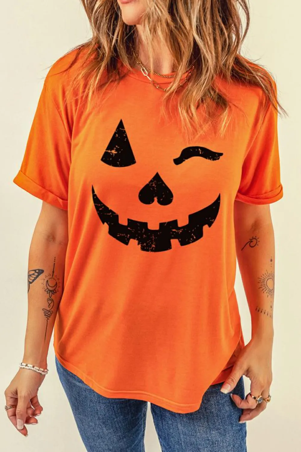 Clearance Dear-Lover Halloween Pumpkin Face Print Crew Neck T Shirt Orange