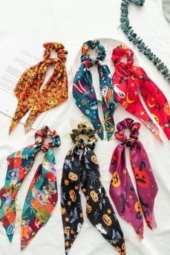 Clearance Dear-Lover Halloween Pumpkin Face Printed Satin Scrunch Hair Tie Orange