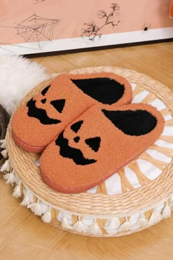 Outlet Dear-Lover Halloween Pumpkin Face Graphic Plush Slippers Orange