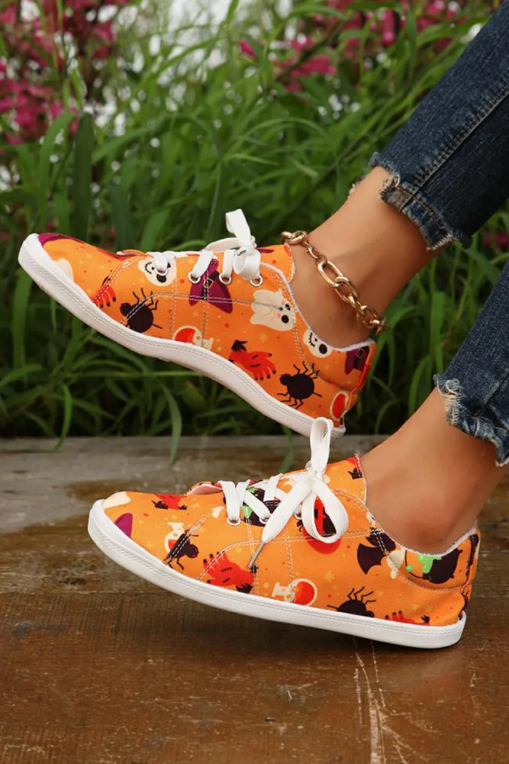 Clearance Dear-Lover Halloween Pumpkin Ghost Print Lace-up Flat Shoes Orange