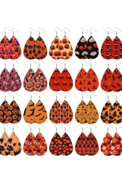 Hot Dear-Lover Halloween Pumpkin Spider Web Bat Print Drop Earring Orange
