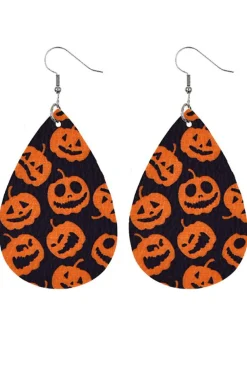 New Dear-Lover Halloween Pumpkin Face Printed Waterdrop Shape Hook Earrings Orange