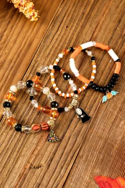 Clearance Dear-Lover Halloween Pumpkin Ghost Pendant Layered Beaded Bracelet Set Orange