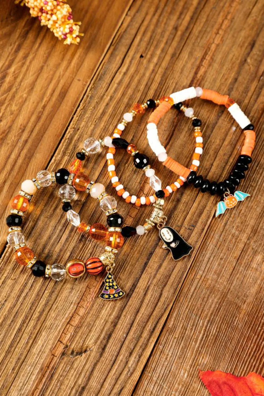 Clearance Dear-Lover Halloween Pumpkin Ghost Pendant Layered Beaded Bracelet Set Orange