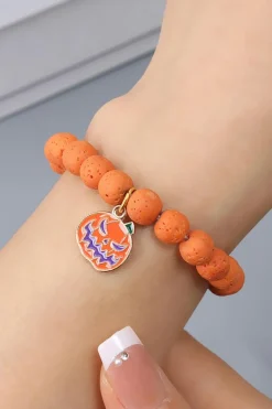 Online Dear-Lover Halloween Pumpkin Face Pendant Beaded Elastic Bracelet Orange