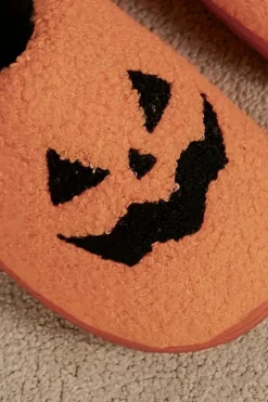 Outlet Dear-Lover Halloween Pumpkin Face Graphic Plush Slippers Orange