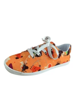 Clearance Dear-Lover Halloween Pumpkin Ghost Print Lace-up Flat Shoes Orange