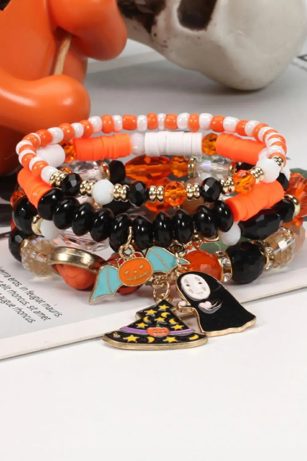 Clearance Dear-Lover Halloween Pumpkin Ghost Pendant Layered Beaded Bracelet Set Orange