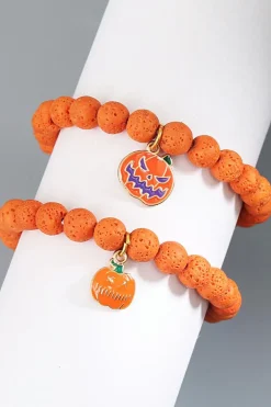Online Dear-Lover Halloween Pumpkin Face Pendant Beaded Elastic Bracelet Orange