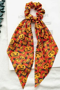 Clearance Dear-Lover Halloween Pumpkin Face Printed Satin Scrunch Hair Tie Orange