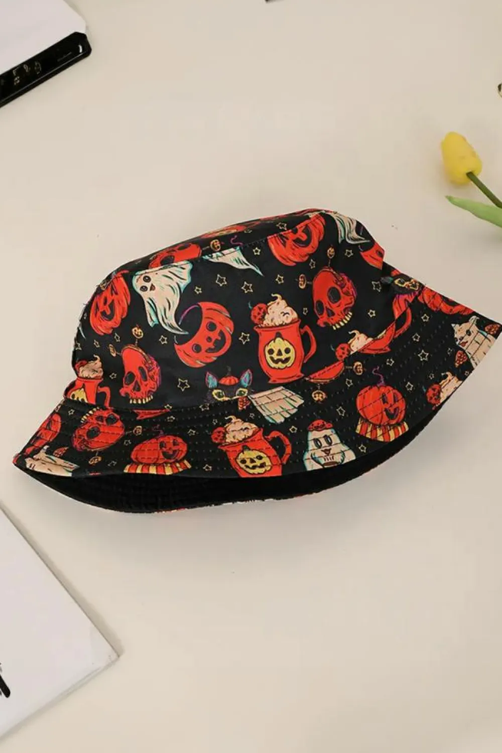Hot Dear-Lover Halloween Pumpkin Ghost Print Bucket Hat Orange