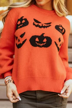 Fashion Dear-Lover Halloween Pumpkin Face Pattern Drop Shoulder Sweater Orange