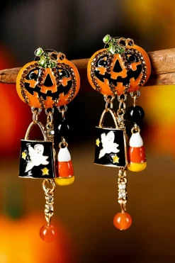 Sale Dear-Lover Halloween Rhinestone Pumpkin Ghost Tassel Earrings Orange