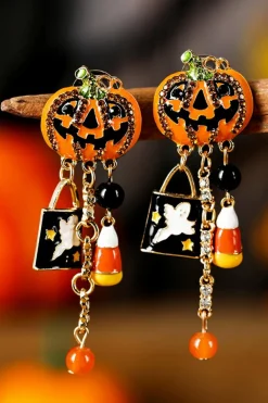 Sale Dear-Lover Halloween Rhinestone Pumpkin Ghost Tassel Earrings Orange