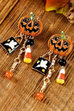 Sale Dear-Lover Halloween Rhinestone Pumpkin Ghost Tassel Earrings Orange