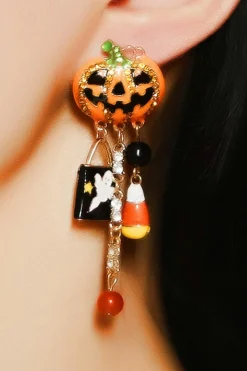 Sale Dear-Lover Halloween Rhinestone Pumpkin Ghost Tassel Earrings Orange