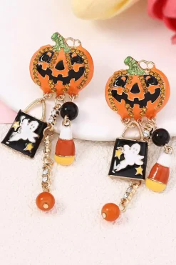 Sale Dear-Lover Halloween Rhinestone Pumpkin Ghost Tassel Earrings Orange