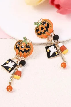 Sale Dear-Lover Halloween Rhinestone Pumpkin Ghost Tassel Earrings Orange