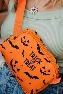 Best Dear-Lover Halloween TRICK OR TREAT Bat Pumpkin Print Crossbody Bag Orange